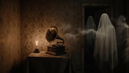 Eerie Encounter - Ghostly Figure in Dimly Lit Room with Antique Phonograph.