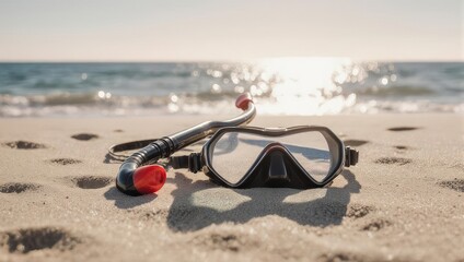 Snorkel and Mask on Sandy Beach at Sunset.