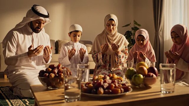 A peaceful muslim family makes dua at home, illuminated by warm golden light, surrounded by iftar dates.