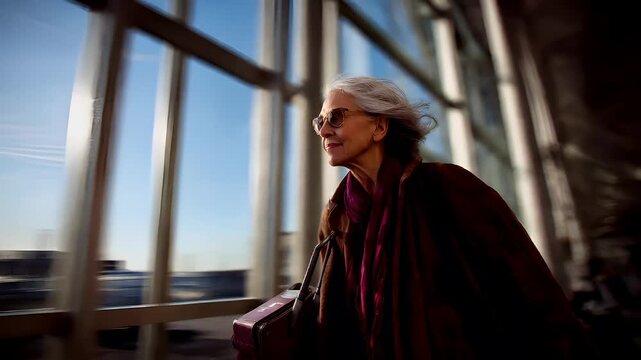 A woman with white hair and sunglasses walks through a modern building with large windows, looking out at the horizon. The sunlight filters through the glass.