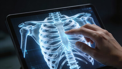 Modern digital radiology tablet scan helping doctor with serious chest diagnosis using advanced medical ai technology for precise skeleton