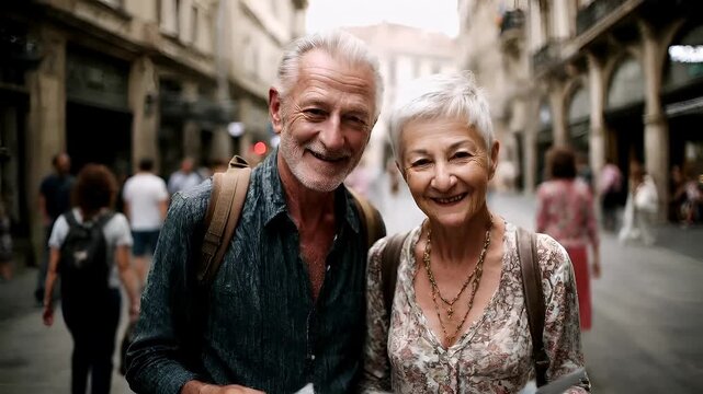 A candid street photograph capturing a moment between two elderly individuals. The man on the left is engrossed in reading a map, while the woman on the right seems to be lost in thought.