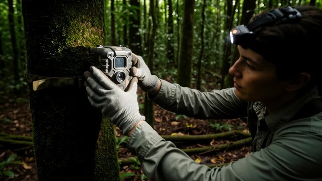 Female researcher installing a trail camera on a mossy tree in a dark forest. Scientist with a headlamp setting up wildlife monitoring equipment. Nature conservation and biology concept