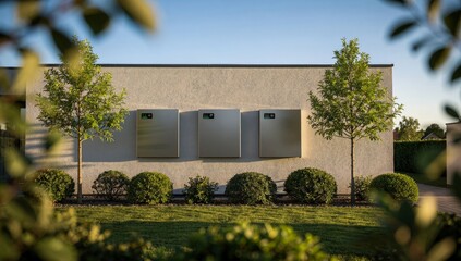 Outdoor shot of four sleek, modern home energy storage battery units installed on a textured beige brick side wall of a residence.