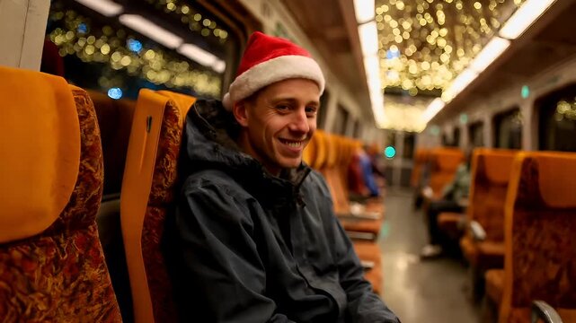 A man in a Santa hat sits on a train, wearing a festive red and white Santa hat, with a cheerful expression. The trains interior is adorned with twinkling lights.
