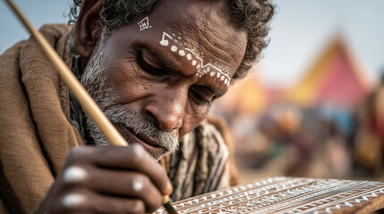 The artist meticulously crafts a beautiful mural during the Surajkund International Crafts Mela Cultural Festival in India