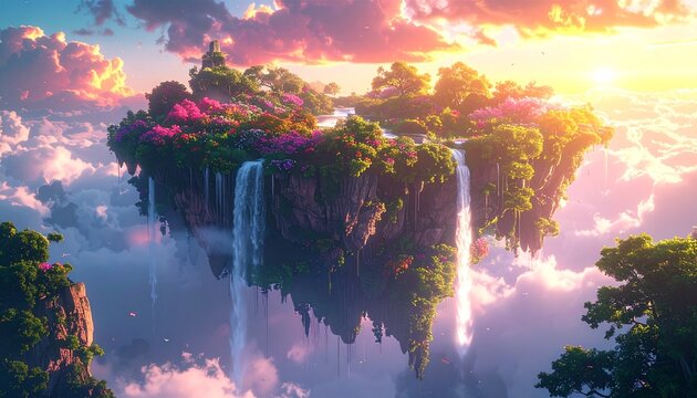 Floating island with lush greenery and vibrant flowers surrounded by waterfalls and clouds at sunrise