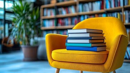 Stack of books on yellow armchair with blurred library bookshelves in background