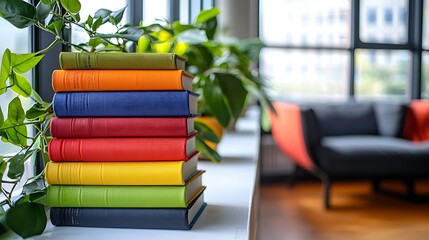 Stack of brightly colored books next to green houseplants by a window in a modern home