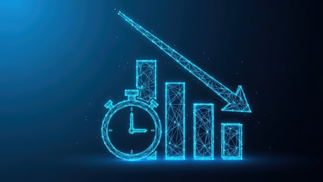 A business graph showing a downward trend with a stopwatch indicating time decreasing on a digital blue background