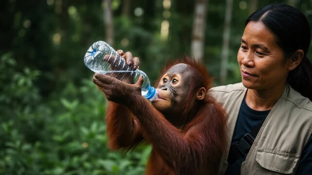Female ranger giving water to a young orangutan in the jungle. Wildlife conservation and animal rehabilitation concept