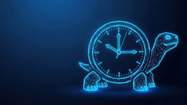 A digital glowing clock merged with a turtle on a dark blue background representing slow time