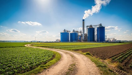 Sunny rural landscape featuring a modern industrial processing plant with large blue storage tanks and a tall chimney emitting a plume of white steam.
