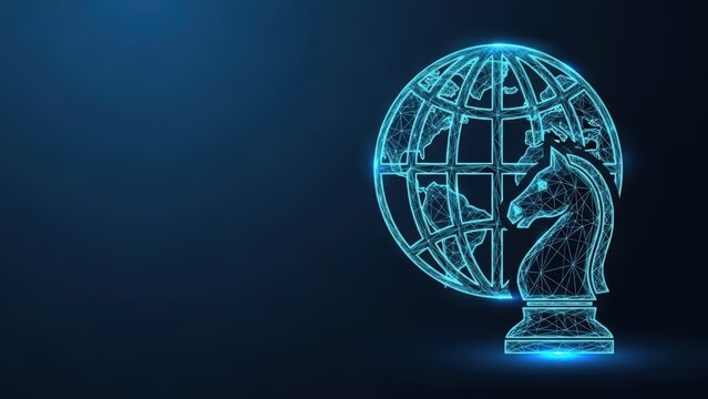 A digital wireframe chess knight and globe representing global business strategy and planning