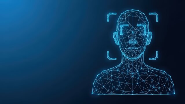 A digital wireframe human head is scanned for facial recognition in a futuristic security system