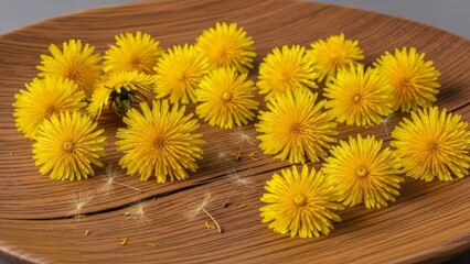 Obraz premium Golden yellow dandelion flowers with fluffy seeds scattered on a rustic wooden surface