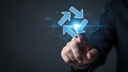 a hand in a suit jacket touching a glowing blue arrow icon on a dark background