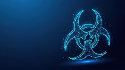 A glowing blue digital biohazard symbol on a dark blue abstract background