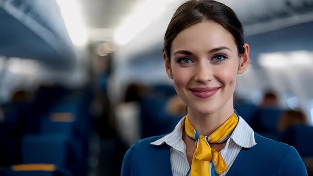 Airlines cabin crew member in airplane cabin interiorflight attendant in blue uniform with yellow scarf on airplane seat.
