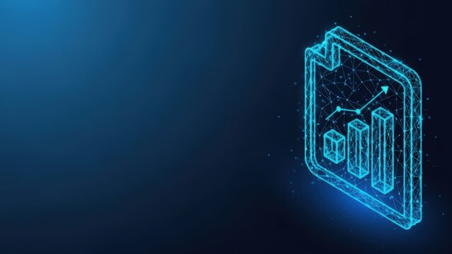 A glowing blue digital chart representing business data analytics and financial statistics in a modern abstract design