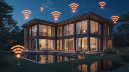 Conceptual digital overlay of glowing orange Wi-Fi signal icons and network connection lines forming a mesh over the roof and property, symbolizing high-speed internet coverage, 5G connectivity, and s