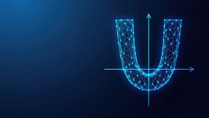 A glowing blue digital parabola graphic illustrating a mathematical function on a coordinate graph