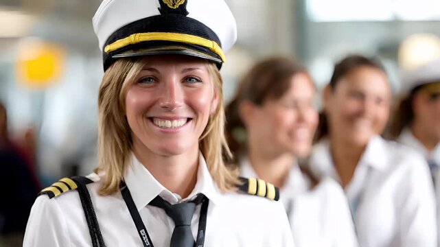 A woman in a captains uniform is smiling at the camera. She is wearing a white shirt with black and yellow stripes on the sleeves and a black tie.