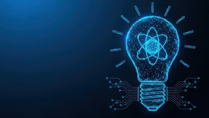 A luminous blue wireframe lightbulb with an atomic structure inside symbolizes scientific innovation and technological ideas glowing against a dark digital background