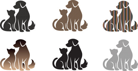 Fototapeta premium Six stylized dog and cat silhouettes display varied textures and patterns, showcasing creative pet-themed graphic design styles