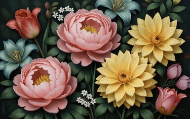 Vibrant flowers in pink, peach, yellow and red bloom against dark green foliage.