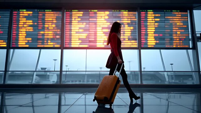 A silhouette of a woman standing in an airport terminal, with a suitcase in hand, looking at an illuminated departure board displaying flight information.