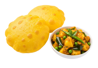 golden puri with veggie sabzi and peas curry