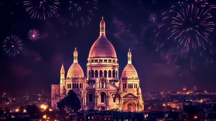 A nighttime cityscape with a focus on the Basilica of the Sacred Heart of Paris. The sky is illuminated with fireworks, creating a vibrant and festive atmosphere.