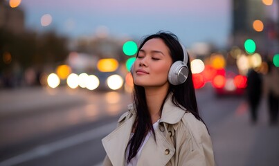  a young stylish Asian woman wearing a trench coat walking on a busy city street at dusk, wearing sleek silver over-ear wireless headphones