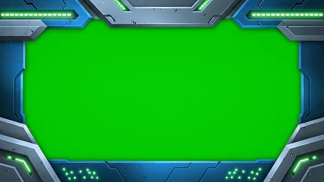 Futuristic Sci-Fi Metallic Frame with Green Screen Display for UI, HUD, Gaming Interface, VR, AR, and Technology Concepts