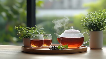Steaming Hot Tea in Clear Glass Teapot and Cups on Wooden Tray with Green Plants, Natural Healthy Beverage Scene