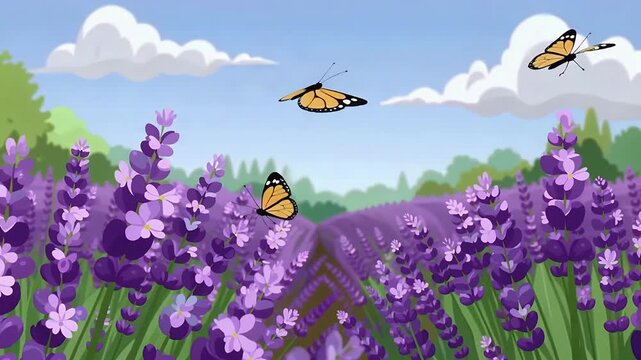 Butterflies Over a Purple Lavender Field in Bright Day.
