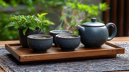 Traditional ceramic tea set with steaming green tea cups and teapot on wooden tray outdoors