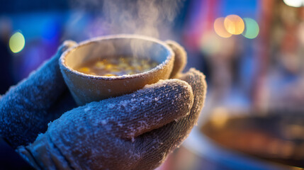 Warmth of steaming cup at Sapporo Snow Festival in Hokkaido Japan winter wonderland