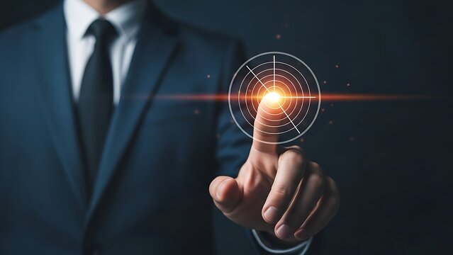 Businessman in suit interacting with virtual target interface on finger technology concept - Powered by Adobe