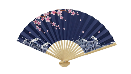 Japanese Fan with Cherry Blossoms and Waves