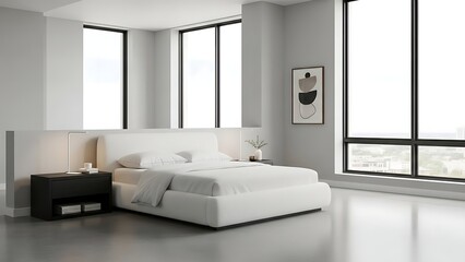 Fototapeta premium Modern Minimalist Bedroom with Large Windows and White Bed.