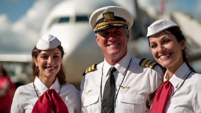 A woman in a white uniform with a red sash stands in front of an airplane. She is wearing a white cap with a gold emblem, a white shirt with gold epaulettes.