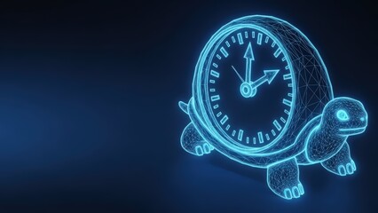 Fototapeta premium Abstract glowing blue wireframe clock face with neon outline on dark background representing futuristic time