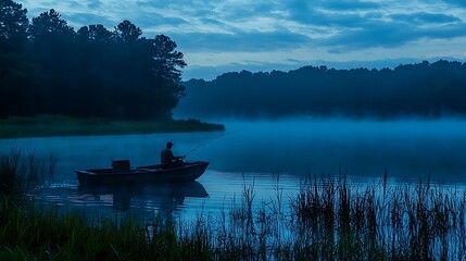Man Fishing in a Rowboat on a Misty Blue Lake at Dawn with Forest Silhouette