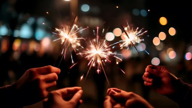 A closeup shot of two hands holding sparklers against a bokeh background of city lights at night. The sparklers emit a warm, golden light, illuminating the hands and the surrounding area.