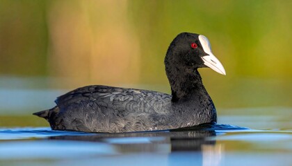 Obraz premium Elegant Black Coot Swimming Gracefully on Calm Water Surface with White Beak and Red Eyes.