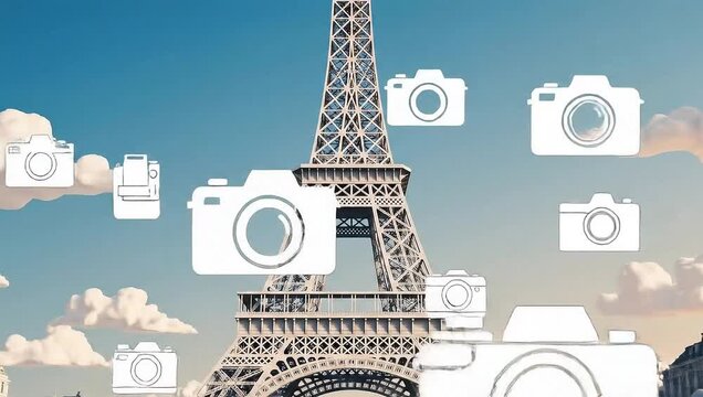 Eiffel Tower with floating camera icons in Paris.