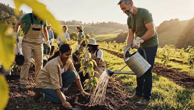 Group of diverse people planting trees in a field.