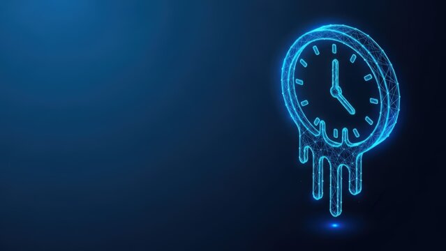 Abstract melting clock glowing blue against a dark digital background